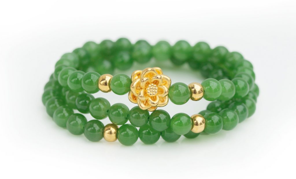 Vòng Tay Ngọc Bích Nephrite Mix Charm Hoa Sen Vàng