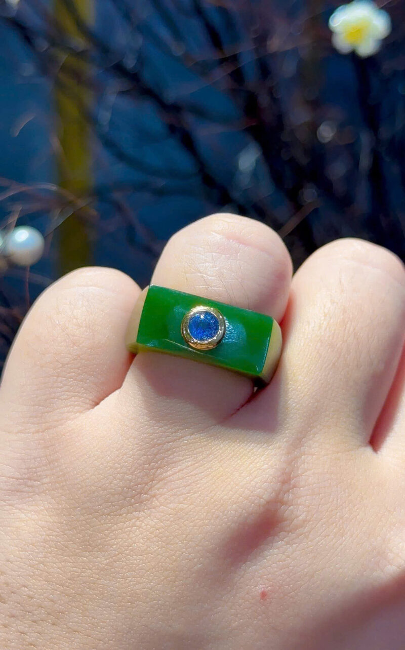Nhẫn Ngọc Bích VIP Canada kết hợp Spinel xanh Neon Lục Yên / Tác phẩm độc bản từ Hoa Nghiêm